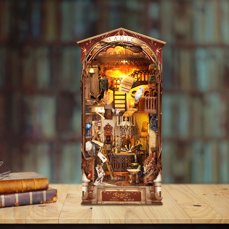SUDOPOR DIY Book Nook Kit New DIY Dollhouse Booknook Bookshelf Insert Decor 3D Wooden Puzzles with LED Book Nook Miniature Kit Birthday Easter Home Decor for Teens Adult-Magic World - Image 5
